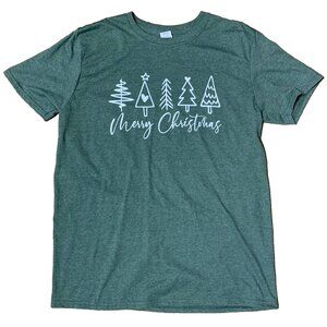 "Merry Christmas" T-Shirt Green Short Sleeve Trees Gildan Tee Top Blouse Large